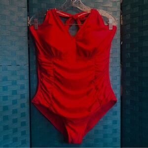 Retro Ruched Halter Tie One Piece Swimsuit Red